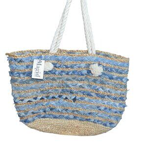 New MAGID Striped Sisal Jute & Denim Woven Straw Large Tote Coastal Beach Bag